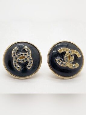 CHANEL AUTHENTIC Black Enamel and Gold CC Logo Button Earrings